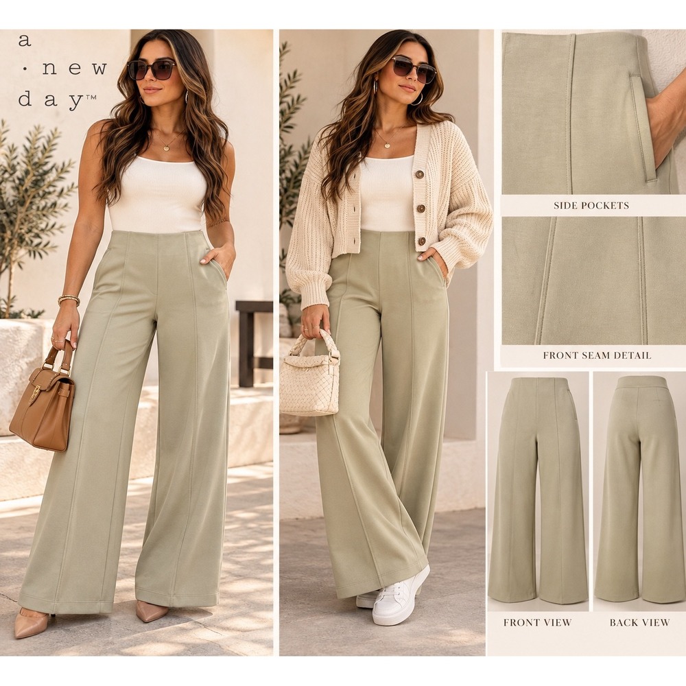 A New Day Womens High-Rise Wide Leg Pintuck Pants Tan Beige Size Medium NWT